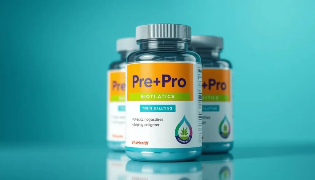 Generate an image of VitaHealth Pre+Pro Biotics packaging