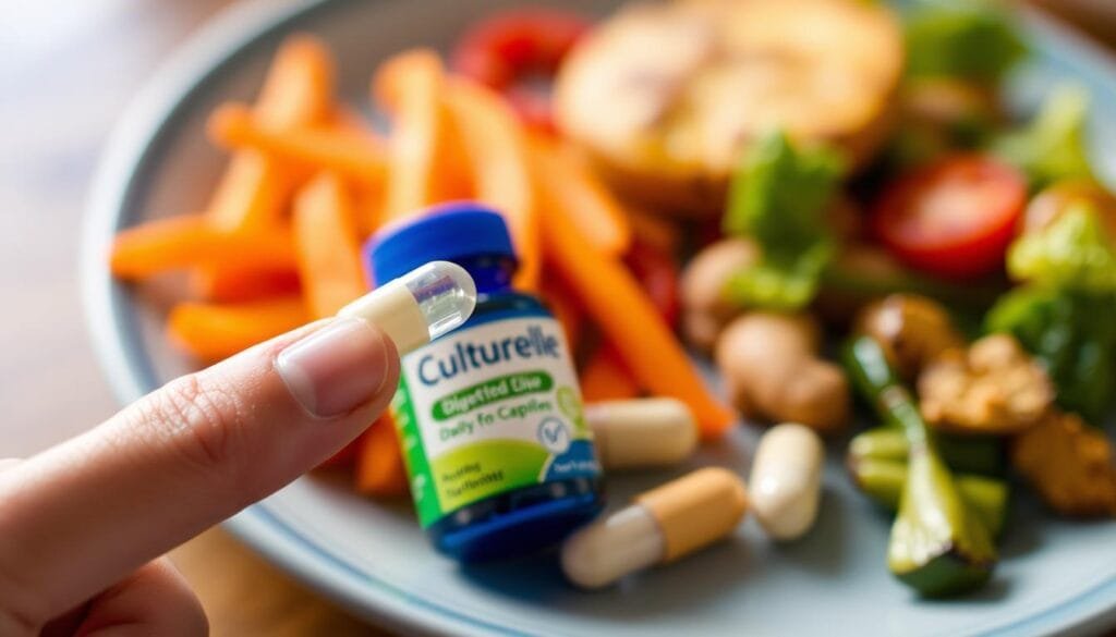 Generate an image of a Culturelle Digestive Daily Probiotic Capsule being taken with a meal.