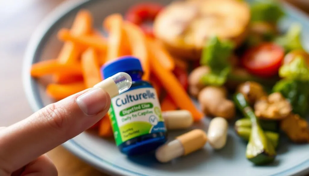 Generate an image of a Culturelle Digestive Daily Probiotic Capsule being taken with a meal.