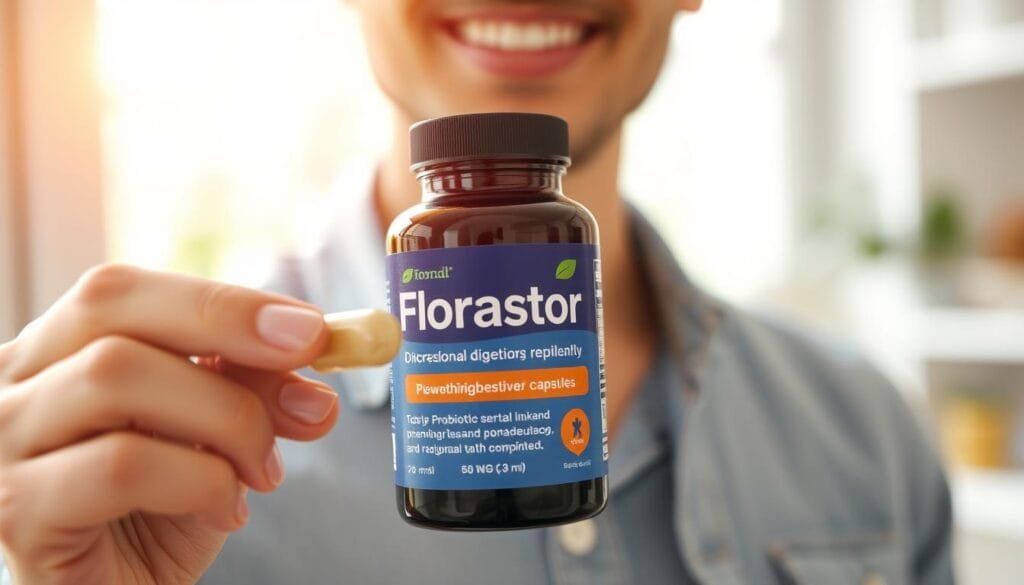 Generate an image of a Florastor Daily Probiotic Capsule being taken to support digestive regularity.