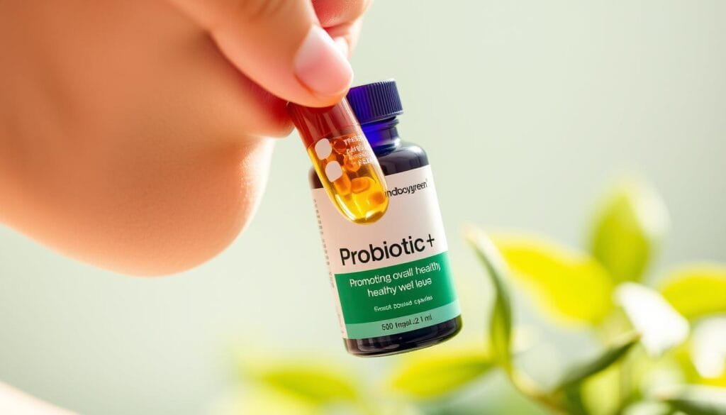 Generate an image of a Mindbodygreen Probiotic+ capsule being taken to support overall health.