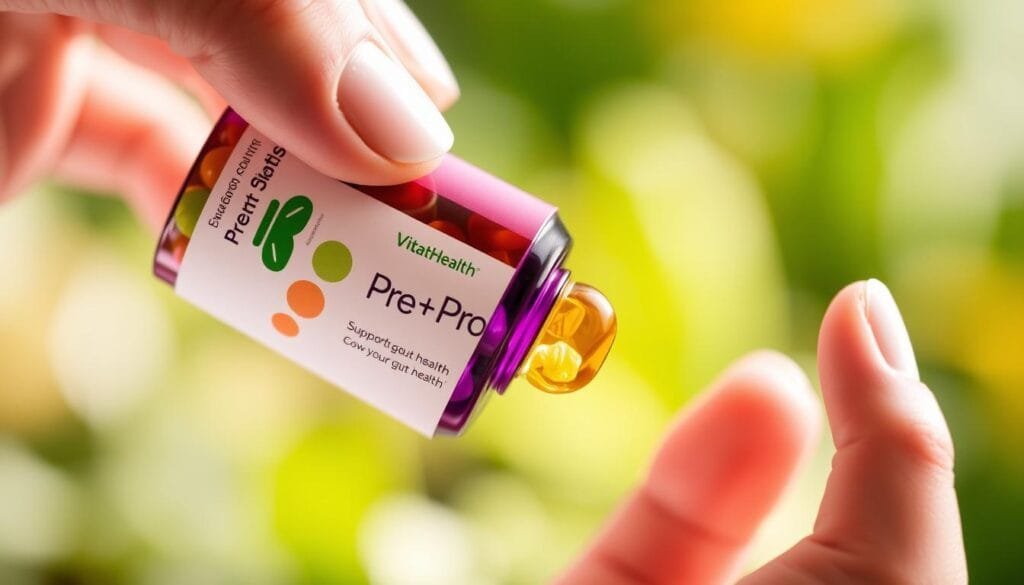 Generate an image of a VitaHealth Pre+Pro Biotics capsule being taken to support gut health.