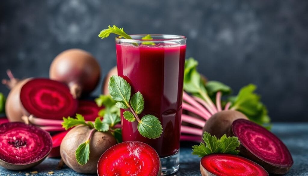 Generate an image of a glass of fresh beetroot juice with beets in the background.