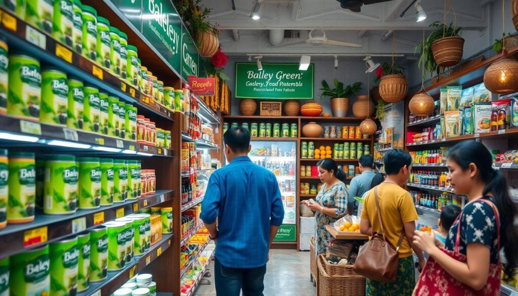 Generate an image of a health food store in Malaysia selling barleygreen products.