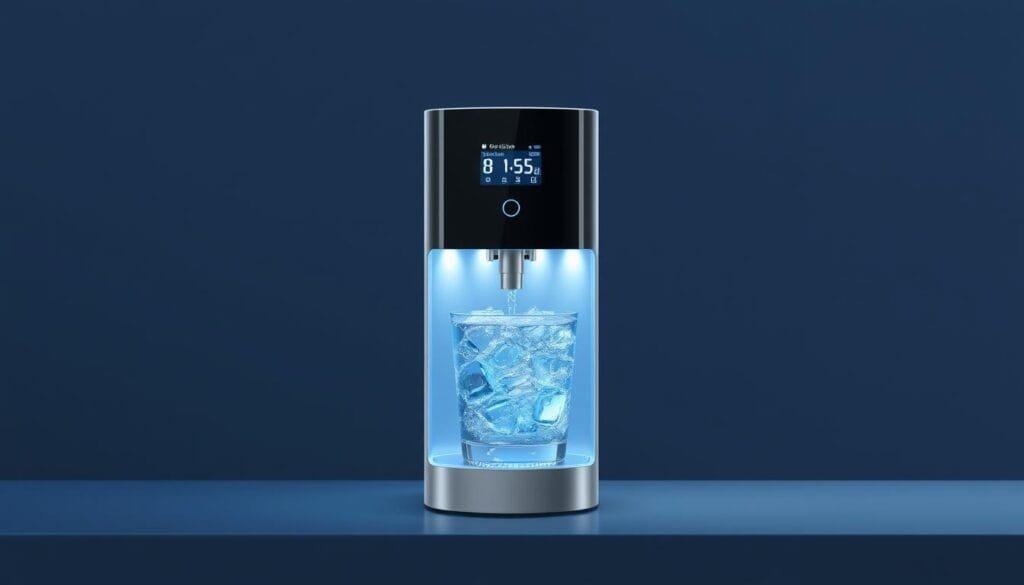 Generate an image of a hydrogen water dispenser with a sleek design and digital display.