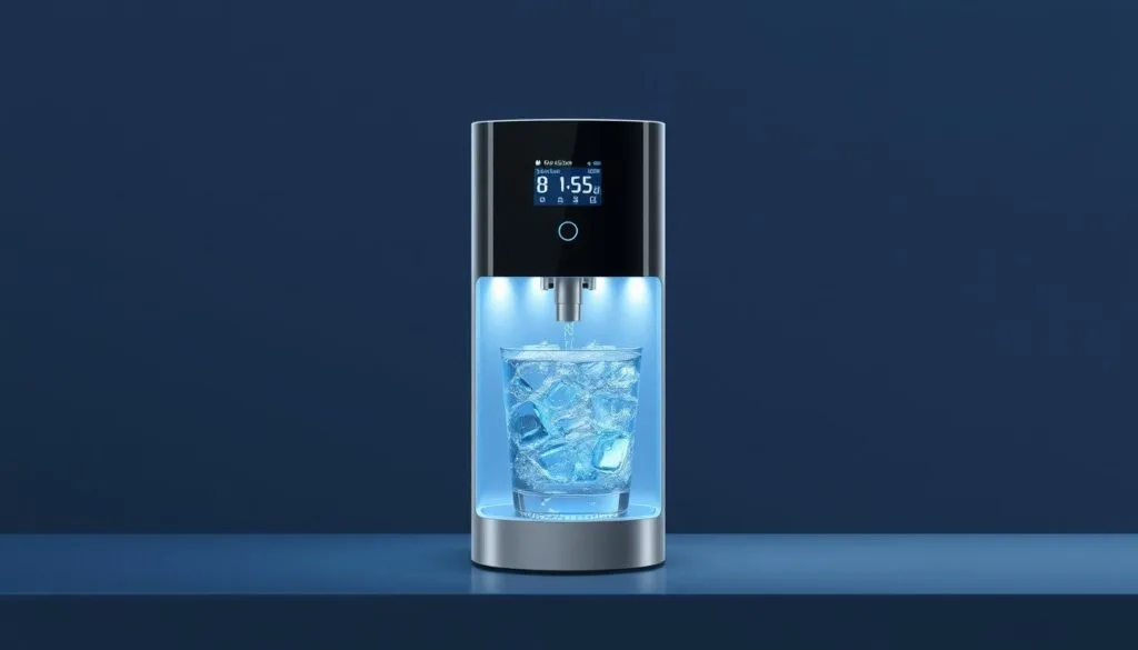 Generate an image of a hydrogen water dispenser with a sleek design and digital display. Generate an image of a hydrogen water dispenser with a sleek design and digital display.