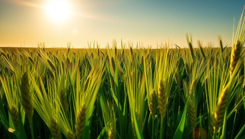 Generate an image of a lush green barley field with a bright sun shining down.