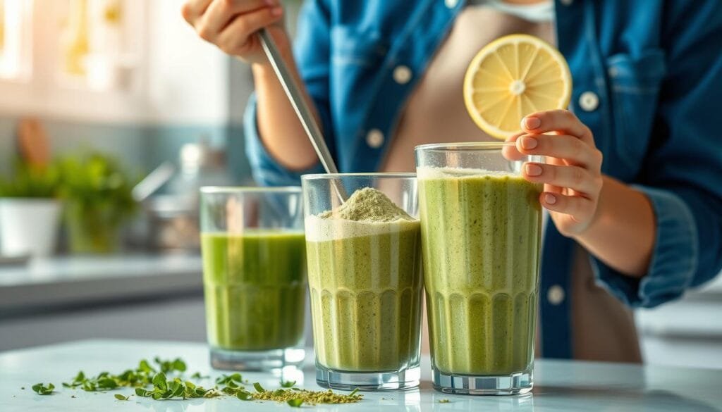 Generate an image of a person blending a smoothie with barley grass powder