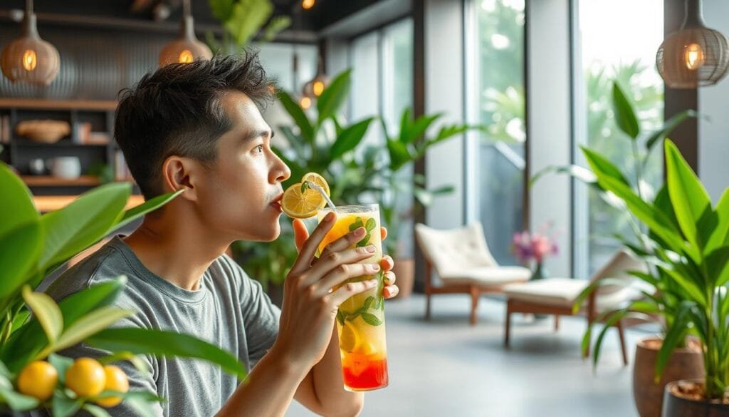 Generate an image of a person enjoying a refreshing detox drink at a Wellness Concept center in Malaysia.