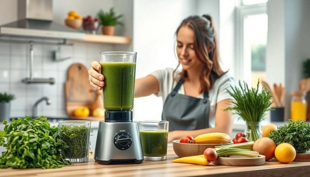 Generate an image of a person preparing a barley grass smoothie