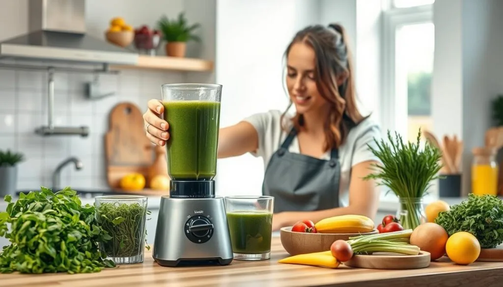 Generate an image of a person preparing a barley grass smoothie Generate an image of a person preparing a barley grass smoothie