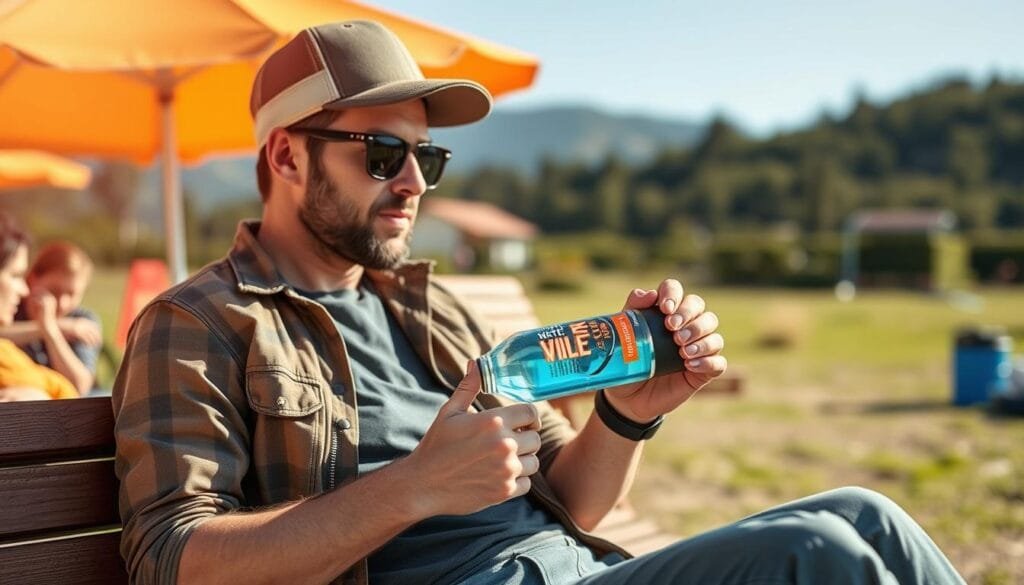 Generate an image of a person using a portable hydrogen water bottle.