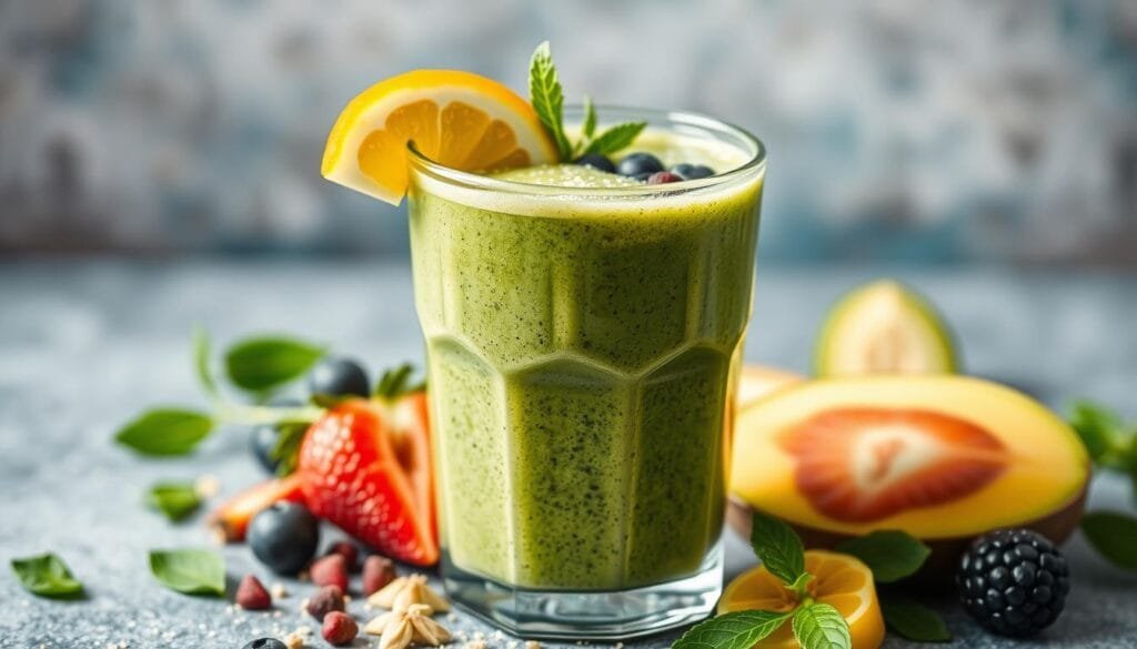 Generate an image of a refreshing green smoothie with barley grass powder, fruits, and a hint of tropical flavors.