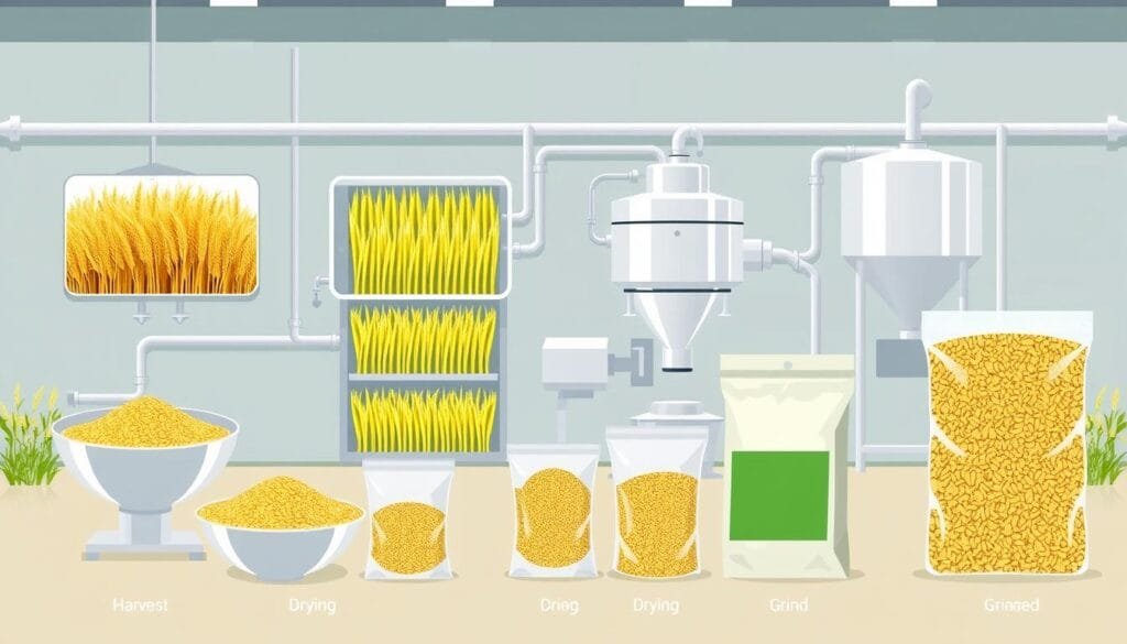 Generate an image of green barley powder processing