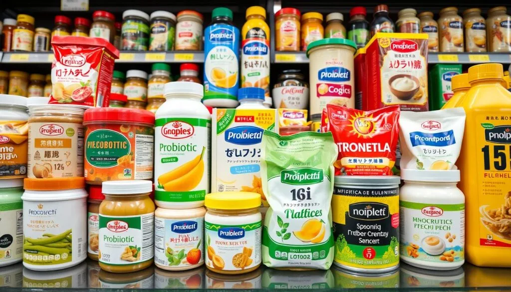 Generate an image of various probiotic products available in Malaysian supermarkets Generate an image of various probiotic products available in Malaysian supermarkets