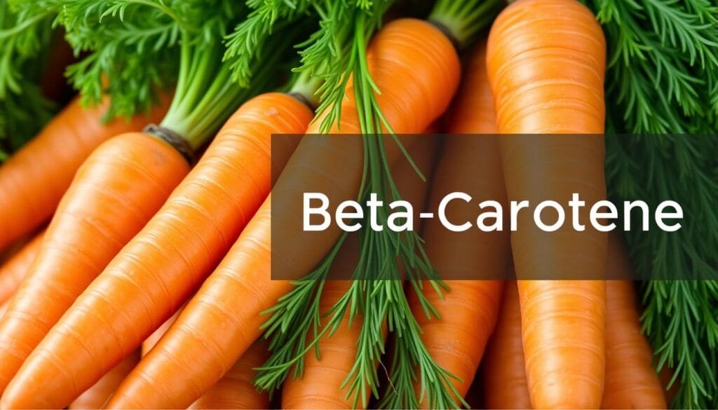Generate an image of vibrant orange carrots with green tops, symbolizing freshness and the richness of beta-carotene.