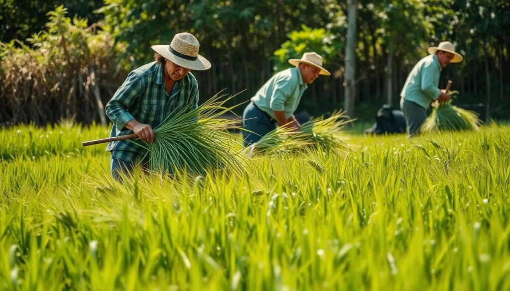 Generate an image of wheatgrass harvesting Generate an image of wheatgrass harvesting