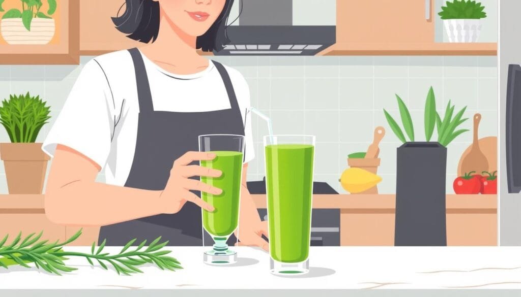 Image of a person blending a barley grass smoothie