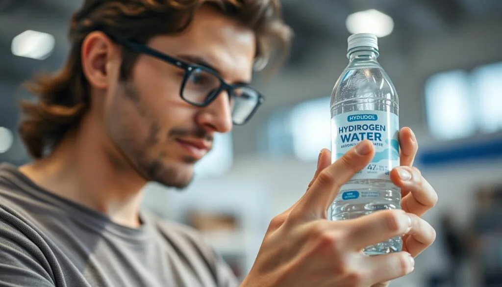 Image of a person checking the label of a hydrogen water bottle Image of a person checking the label of a hydrogen water bottle