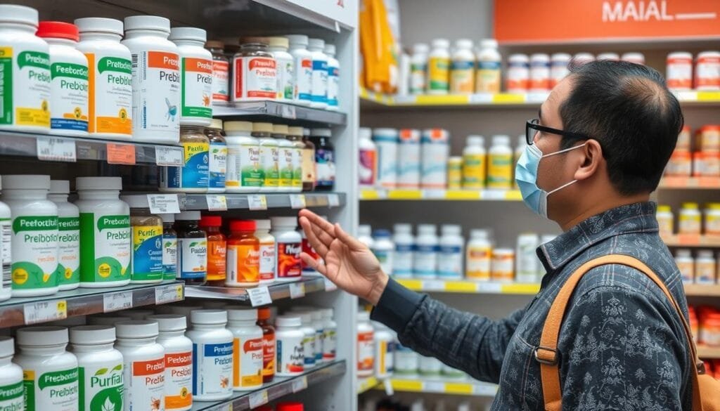 Image of a person evaluating different prebiotic and probiotic supplements in a Malaysian pharmacy
