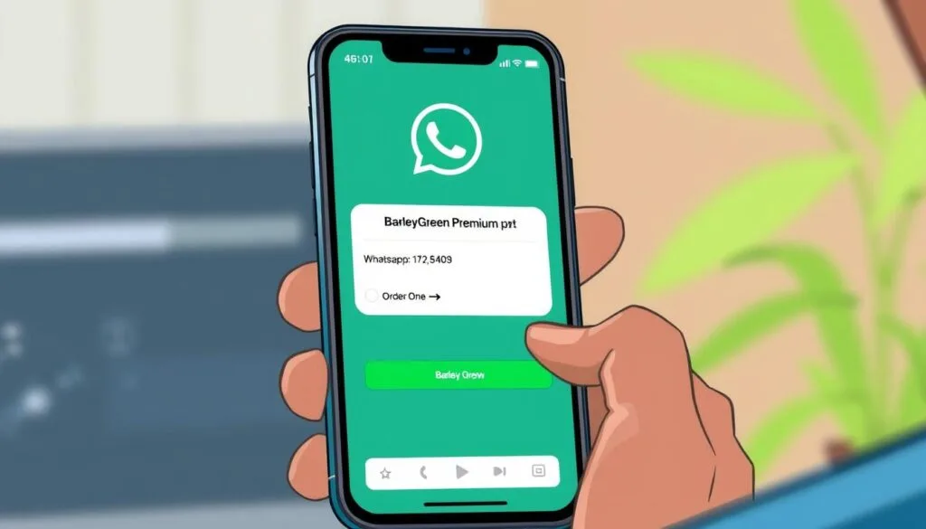 Image of a person ordering BarleyGreen Premium via WhatsApp on their phone. Image of a person ordering BarleyGreen Premium via WhatsApp on their phone.