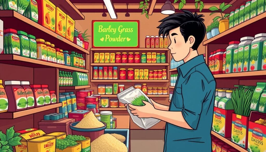 Image of a person purchasing barley grass powder from a health store in Malaysia