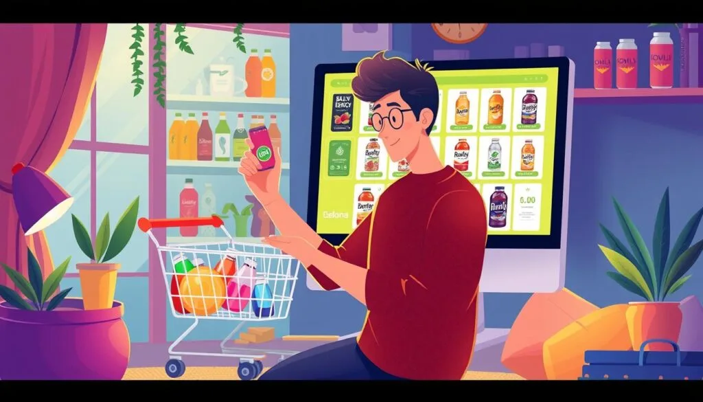 Image of a person shopping online for barley energy drinks
