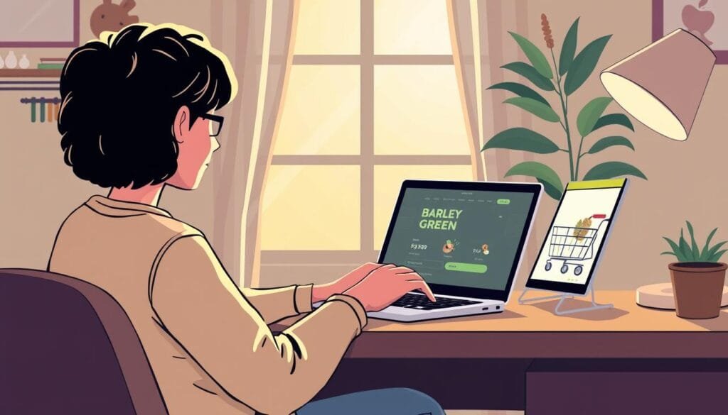 Image of a person shopping online for barley green powder on a laptop