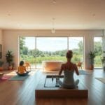 Peaceful wellness services center set in a serene natural environment. Sunlit interior with clean, minimalist decor - wooden floors, neutral tones, plants, and soft lighting. In the foreground, individuals engage in yoga, meditation, and other holistic practices. In the middle ground, a reception area with a calming water feature. The background features lush greenery, a tranquil pond, and a clear sky with wispy clouds. An atmosphere of tranquility, balance, and rejuvenation permeates the scene.