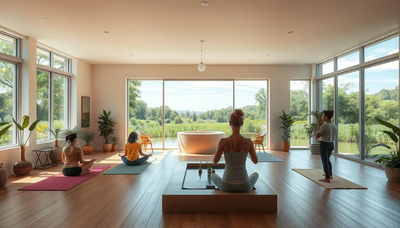 Peaceful wellness services center set in a serene natural environment. Sunlit interior with clean, minimalist decor - wooden floors, neutral tones, plants, and soft lighting. In the foreground, individuals engage in yoga, meditation, and other holistic practices. In the middle ground, a reception area with a calming water feature. The background features lush greenery, a tranquil pond, and a clear sky with wispy clouds. An atmosphere of tranquility, balance, and rejuvenation permeates the scene.