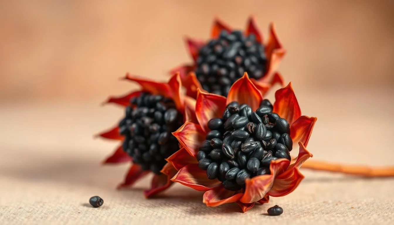 Vibrant and intricate image of Nigella sativa, the versatile black cumin seed, against a soft, muted background. The seed pods are depicted in rich, earthy tones, their delicate petals unfurling to reveal the captivating, ebony-colored seeds within. The scene is illuminated by warm, diffused lighting, casting gentle shadows and highlights that accentuate the seed's intricate textures and forms. The overall composition conveys the natural, medicinal benefits of this ancient herb, exuding a sense of balance, wellness, and traditional healing.