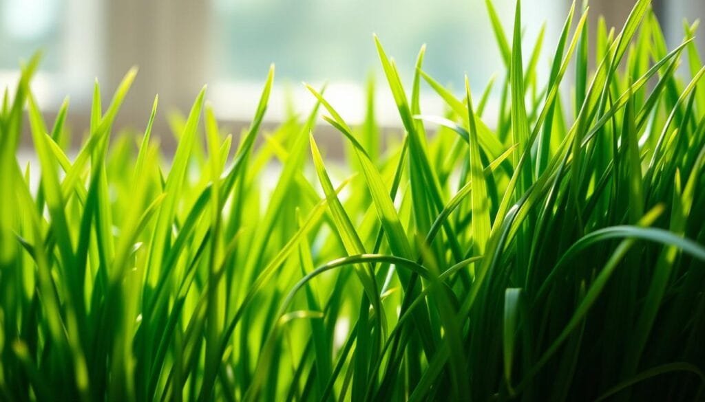 a close-up shot of fresh wheatgrass, its vibrant green blades intertwined, bathed in soft, natural light from a window. The wheatgrass is arranged in the foreground, with a blurred, out-of-focus background to emphasize the intricate texture and lush details of the plant. The lighting creates a warm, soothing atmosphere, highlighting the antioxidant-rich properties of the wheatgrass. The image is captured with a shallow depth of field, using a DSLR camera with a macro lens to capture the delicate nuances of the plant's structure.
