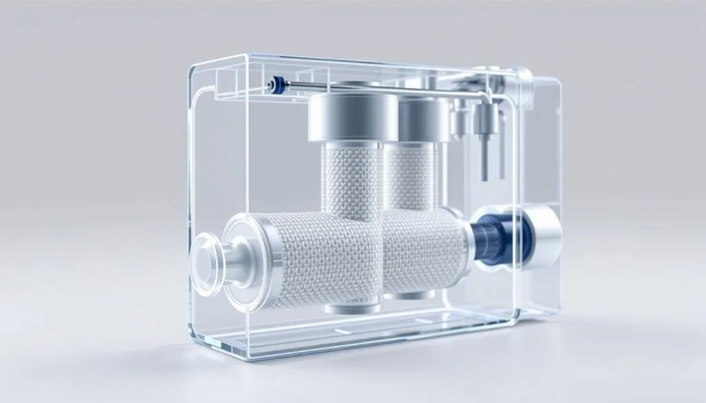 a detailed, technical diagram of a hydrogen water filter system, featuring a clear transparent housing with a cross-section view revealing the internal filtration components. The foreground shows the filter cartridge with a grid of microporous membranes, while the middle ground depicts the water inlet and outlet ports. The background showcases the overall housing design with a sleek, modern aesthetic and hints at the integration of electronic controls. The lighting is crisp and evenly distributed, allowing for clear visibility of the filter's intricate workings. The perspective is slightly angled to provide an informative, educational view of the technology.