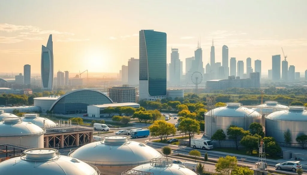 A bustling green hydrogen market, with futuristic hydrogen production facilities and storage tanks in the foreground. Sleek, modern buildings in the middle ground, reflecting the clean energy transition. In the background, a cityscape with towering skyscrapers, electric vehicles, and lush, verdant parks, all illuminated by a warm, golden sunset. The scene conveys a sense of progress, innovation, and environmental sustainability, capturing the momentum and technologies driving the adoption of hydrogen as a clean energy solution.