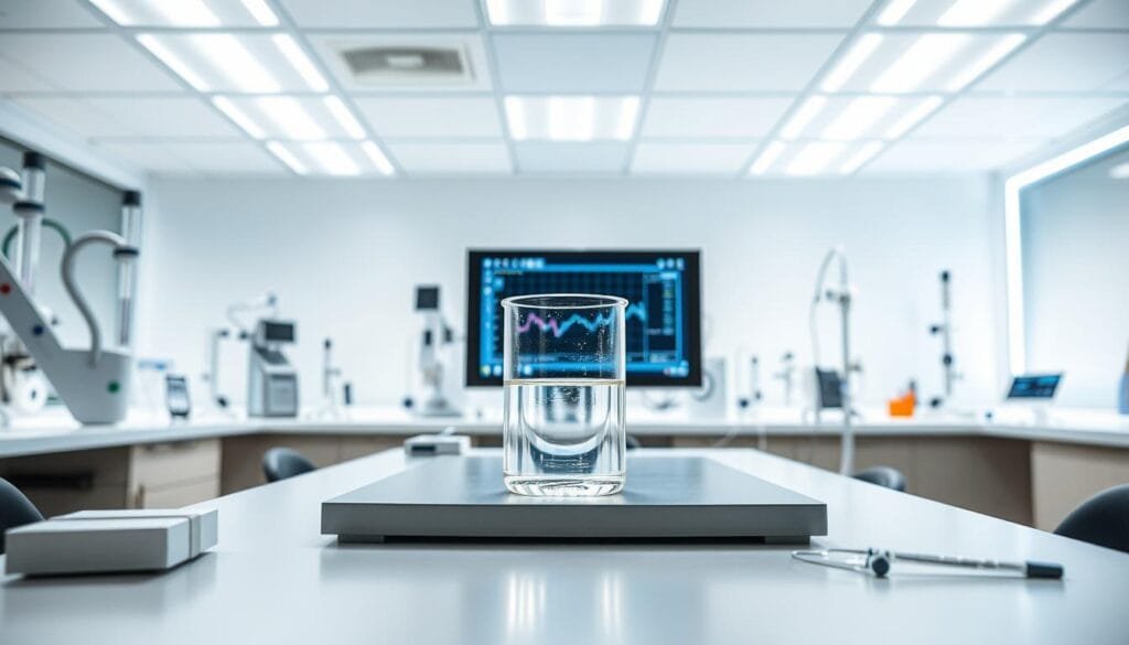 A clean, modern laboratory setting with bright, diffuse lighting illuminating a central table. On the table, a glass beaker filled with clear liquid, representing the "hydrogen-rich water." Surrounding the beaker, various medical testing equipment and instruments, conveying the "safety" and "tolerability" aspects. In the background, a computer monitor displays a graph or chart, hinting at the "liver enzyme profile" data. The overall atmosphere is one of scientific rigor and clinical evaluation, with a sense of professionalism and attention to detail.
