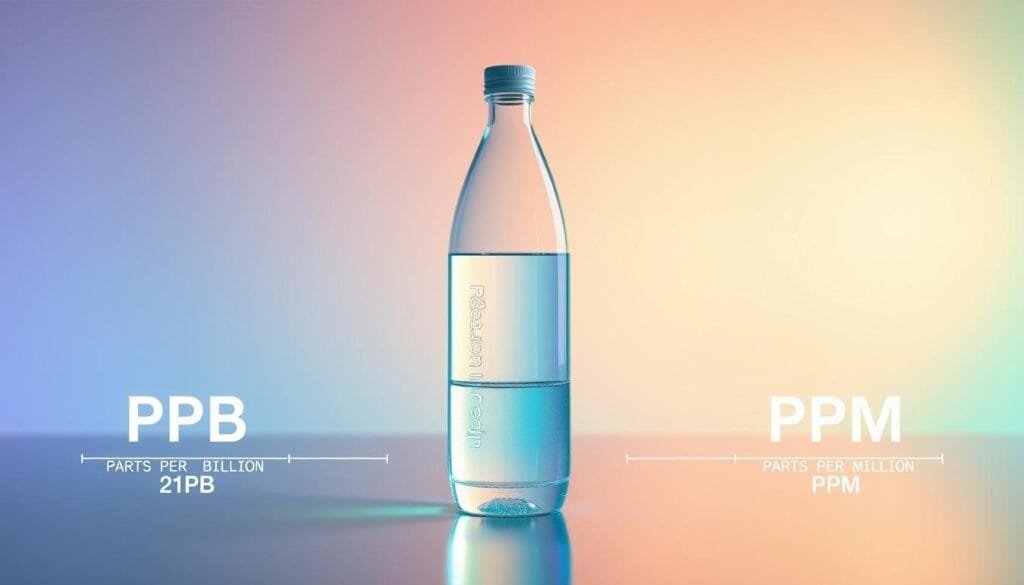 A clear, colorful visualization of hydrogen concentration levels, showcasing the contrast between PPB (parts per billion) and PPM (parts per million) thresholds. In the foreground, a serene, glowing glass of water, surrounded by a vivid spectrum of blue and green hues, symbolizing the various hydrogen saturation levels. In the middle ground, a sleek, modern hydrogen water bottle, its design accentuating the purity and technology behind the product. In the background, a soft, ethereal gradient, highlighting the scientific and wellness-focused nature of the subject. Crisp, high-resolution rendering with a warm, natural lighting setup, capturing the essence of the "Hydrogen concentration explained" section.