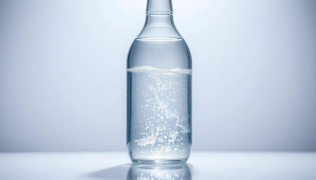 A clear glass bottle filled with shimmering, iridescent water, casting a soft, ethereal glow. The liquid seems to dance with tiny, sparkling bubbles, hinting at the hidden power of hydrogen. Crisp, clean lighting illuminates the bottle, revealing its elegant, minimalist design. The background is a serene, out-of-focus expanse, allowing the bottle to take center stage and showcase the captivating essence of hydrogen water. A sense of purity, innovation, and scientific wonder permeates the scene, inviting the viewer to contemplate the potential of this remarkable substance.