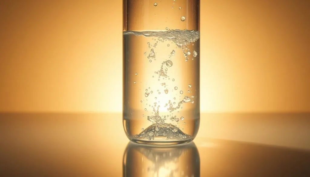 A clear glass bottle filled with shimmering, translucent liquid, surrounded by a halo of soft, diffused light. The water gently swirls, revealing tiny bubbles rising to the surface, a testament to its hydrogen-infused nature. The bottle is positioned on a sleek, minimalist surface, casting subtle reflections that enhance the overall sense of purity and refinement. The scene is bathed in a warm, golden glow, creating a calming and inviting atmosphere, perfect for conveying the best practices of consecutive hydrogen water bottle cycles without risks.