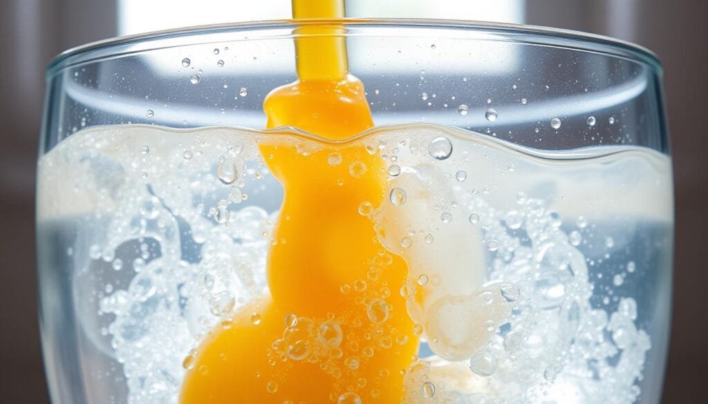 A clear glass container filled with crystal clear water, gently bubbling with tiny hydrogen gas bubbles. The liquid has a subtle, pearlescent sheen, refracting soft, natural lighting from a window in the background. In the foreground, a vibrant, freshly squeezed citrus juice - perhaps orange or grapefruit - is being slowly poured into the hydrogen water, creating a swirling, effervescent mixture. The overall scene conveys a sense of purity, refreshment, and wellness, inviting the viewer to experience the perfect blend of hydrogen water and juice.