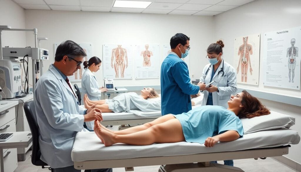A clinical trial setting with participants undergoing medical examinations and tests. Bright, sterile hospital environment with crisp lighting and a sense of professionalism. Doctors and nurses in white coats and medical scrubs administering procedures to patients lying on examination tables. Test equipment, medical devices, and detailed anatomical charts visible in the background. Conveys a mood of scientific inquiry, rigorous investigation, and pursuit of medical understanding, specifically related to interstitial cystitis and bladder health.