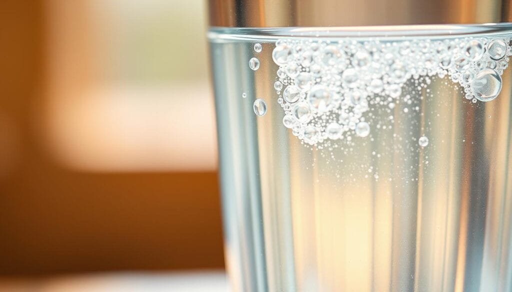 A close-up of a glass filled with clear water, with a slight shimmer and iridescent bubbles gently rising to the surface, conveying the refreshing and revitalizing effects of hydrogen-infused water. The image is captured with a shallow depth of field, placing the water in sharp focus while the background is softly blurred, creating a serene, spa-like atmosphere. Warm, natural lighting filters through the glass, highlighting the purity and clarity of the water. The overall visual evokes a sense of well-being and the potential benefits of hydrogen water for the eyes and overall health.