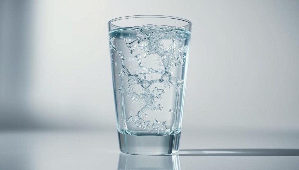 A close-up view of a glass filled with crystal-clear hydrogen-rich water, the liquid shimmering and reflecting light from various angles. The glass is positioned on a sleek, modern countertop, with a neutral-colored background that creates a clean, minimalist atmosphere. The lighting is soft and diffused, accentuating the purity and clarity of the water. The image captures the essence of the water's potential benefits, evoking a sense of wellness and rejuvenation, alluding to the article's focus on oral and periodontal aging.