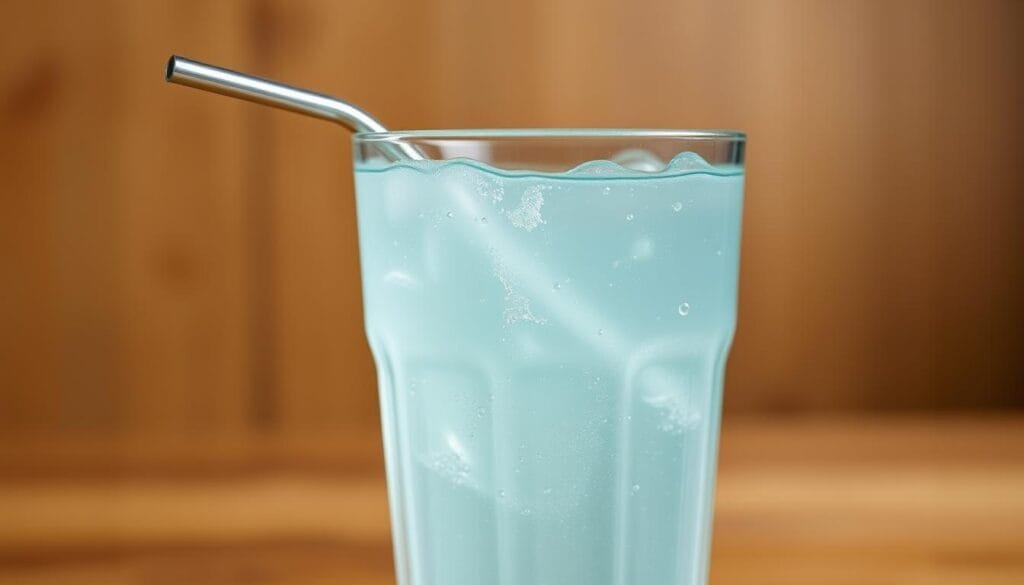 A crystal clear glass filled with a pale blue-green liquid, swirling with tiny bubbles, resting on a wooden table. The liquid has a slight iridescent sheen, reflecting the warm overhead lighting. In the foreground, a metal straw dips into the glass, its curved tip gently breaking the surface. The background is blurred, with a soft focus on the glass, highlighting the unique color and carbonation of the "cold brew hydrogen water". The overall atmosphere is one of calm, refreshing minimalism, inviting the viewer to imagine the crisp, invigorating taste of this innovative wellness drink.