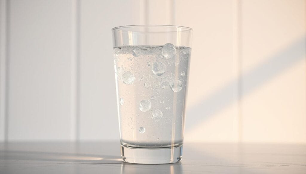 A crystal-clear glass filled with shimmering, effervescent water, capturing the essence of "hydrogen water." The liquid gently bubbles, reflecting warm, natural lighting that casts a soft, ethereal glow. In the background, a minimalist, white-washed backdrop allows the water to take center stage, highlighting its purity and alluring transparency. The scene exudes a sense of tranquility and wellness, inviting the viewer to contemplate the science behind the perception of this unique, hydrogen-infused beverage.