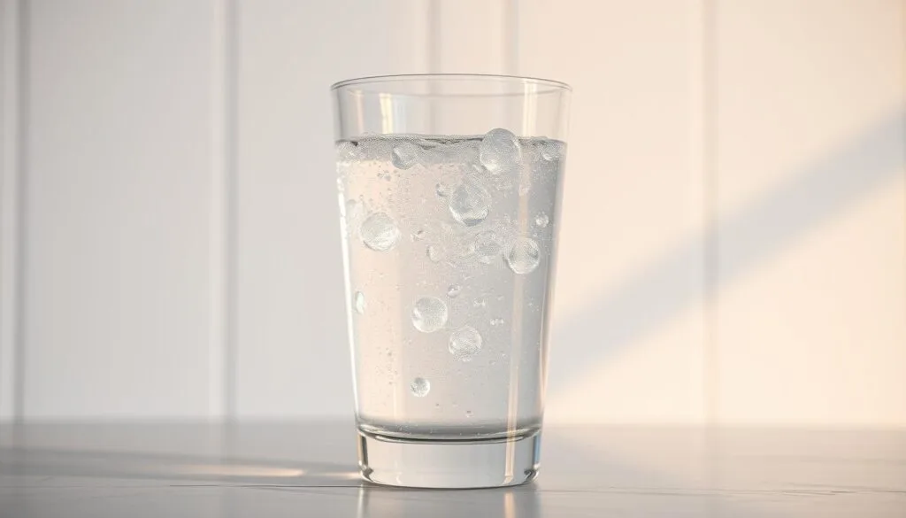 A crystal-clear glass filled with shimmering, effervescent water, capturing the essence of "hydrogen water." The liquid gently bubbles, reflecting warm, natural lighting that casts a soft, ethereal glow. In the background, a minimalist, white-washed backdrop allows the water to take center stage, highlighting its purity and alluring transparency. The scene exudes a sense of tranquility and wellness, inviting the viewer to contemplate the science behind the perception of this unique, hydrogen-infused beverage.