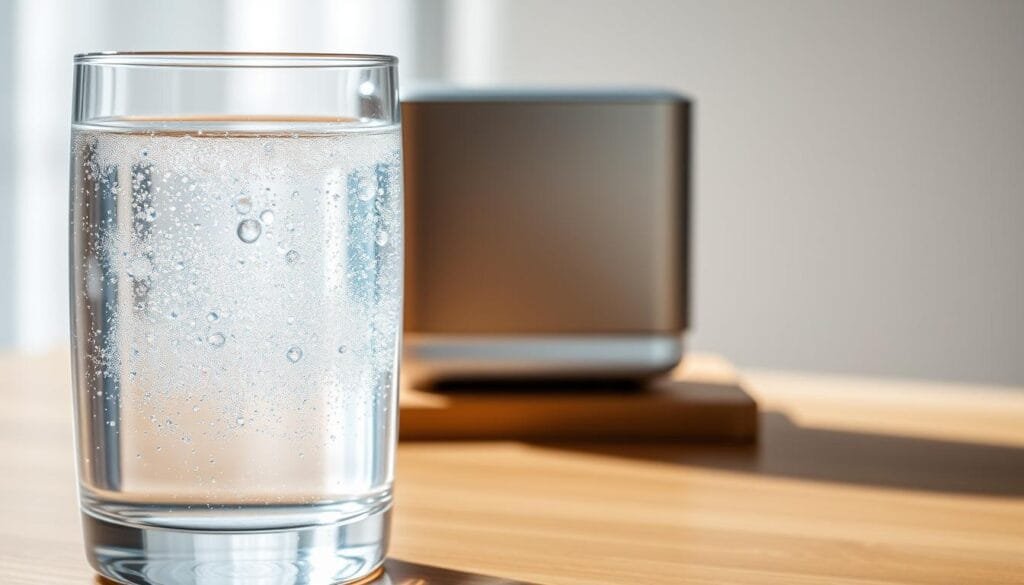 A crystal clear glass filled with shimmering, iridescent water in the foreground. The water appears to be infused with tiny, sparkling hydrogen bubbles, giving it an ethereal, glowing quality. In the middle ground, a sleek, modern-looking water filtration device with smooth, brushed metal accents sits atop a minimalist wooden surface. The background is softly blurred, creating a sense of focus on the water and the device. Bright, natural lighting floods the scene, illuminating the hydrogen-rich water and casting gentle shadows. The overall mood is one of purity, innovation, and wellness.