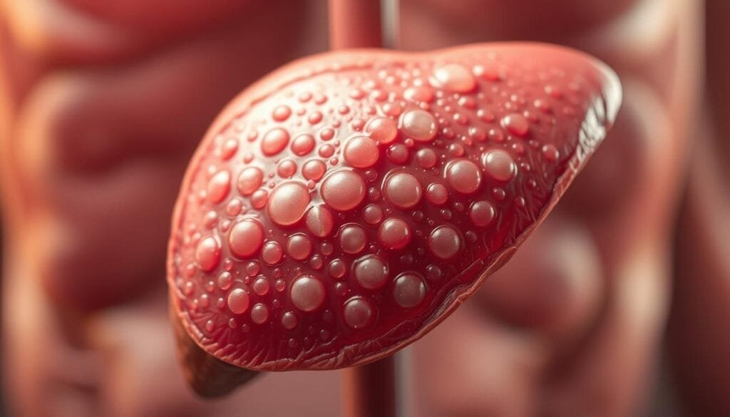 A detailed cross-section of a human liver, prominently displaying excessive accumulation of fat droplets. The liver is shown in a central, highly detailed focus, with a warm, muted color palette that conveys a sense of concern and unease. The background is subtly blurred, with soft lighting that casts a subtle glow, emphasizing the liver's central role. The perspective is slightly angled, giving the viewer an insider's view into the organ's internal workings. The level of detail captures the microscopic structure of the fatty liver, highlighting the severity of the condition.