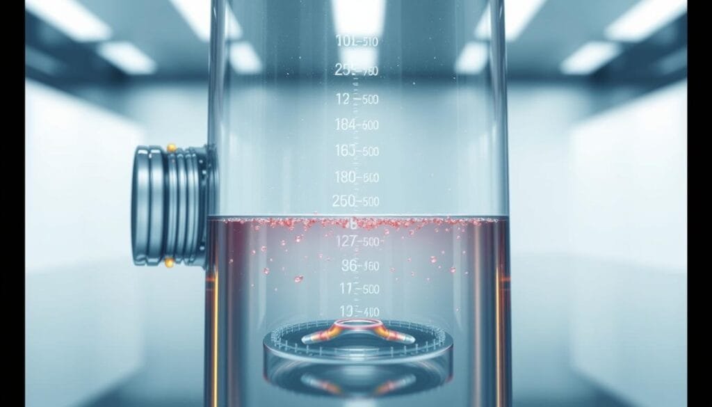 A detailed cross-section of a hydrogen water bottle, showcasing the concentration levels within. Crisp, high-resolution rendering with a clinical, scientific aesthetic. The bottle's interior is visible, with color-coded gradients illustrating the diffusion and dispersal of hydrogen particles throughout the water. The foreground features precise measurements and numerical values, while the middle ground highlights the bottle's construction materials and design. The background subtly blurs into a clean, minimalist laboratory setting, emphasizing the technical nature of the subject matter.