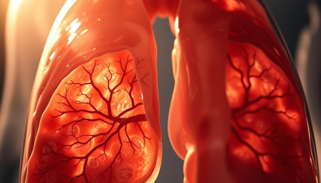 A detailed cross-section of an acute lung injury, showcasing the damaged alveoli, thickened interstitium, and accumulated fluid within the airspaces. The scene is illuminated by a warm, diffused light, casting subtle shadows that highlight the intricate anatomical structures. The foreground prominently displays the inflamed, congested lung tissue, while the middle ground reveals the compromised air exchange between the alveoli and capillaries. In the background, a blurred representation of the bronchiolar system suggests the larger context of the respiratory system. The overall mood conveys a sense of medical urgency and the necessity for intervention to address this pulmonary pathology.