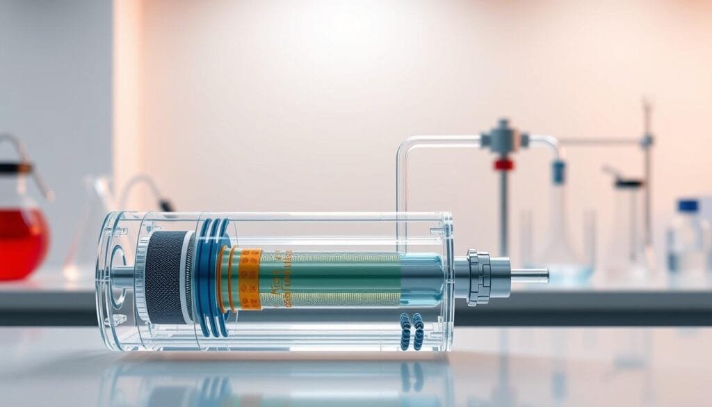 A detailed cross-section view of a proton exchange membrane (PEM) hydrogen water generator, showcasing its inner workings. In the foreground, a transparent PEM cell is prominently displayed, revealing the membrane and catalyst layers. In the middle ground, the water input and hydrogen output pipes are clearly visible, with a sleek, modern design. The background features a clean, minimalist laboratory setting, with beakers, tubing, and other scientific equipment suggesting a high-tech, research-oriented environment. The lighting is soft and even, casting a warm glow on the components, emphasizing the technical precision and efficiency of the PEM hydrogen water generation process.